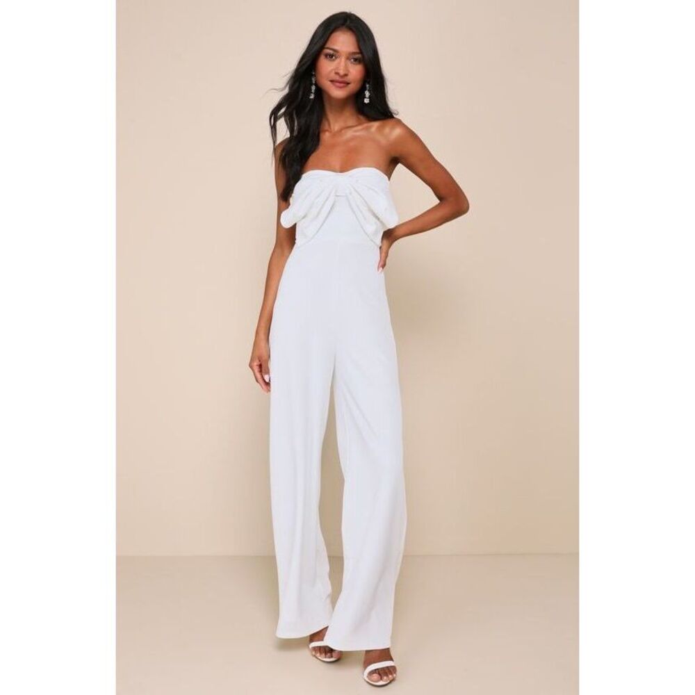 Lulus Gleaming Delight White Strapless Pearl Bow Wide-leg Jumpsuit - Size M